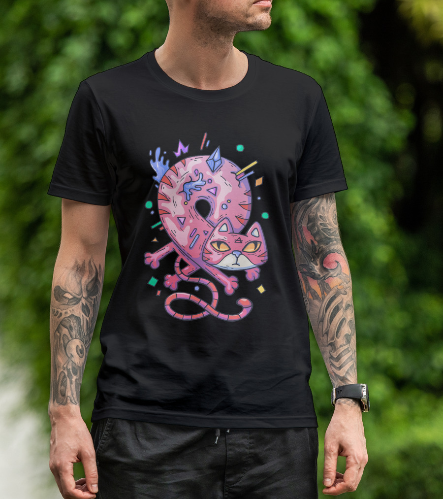 Pink Donut Cat Twisted Into Loop With Colorful Elements T-Shirt
