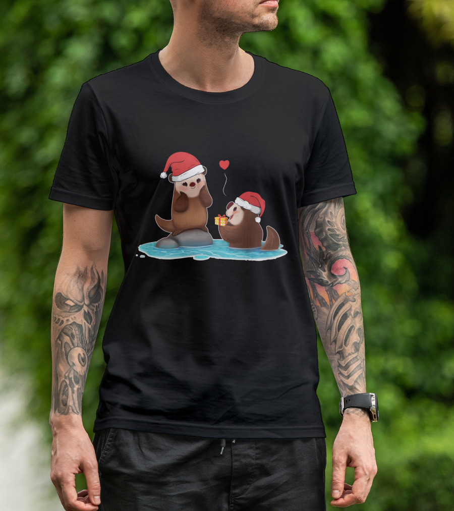 Cute Otter Santa With Gift And Heart On Ice T-Shirt