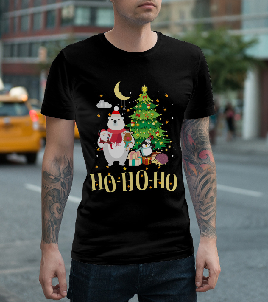 HO HO HO Christmas Dreams Polar Bear Santa Penguin Tree T-Shirt