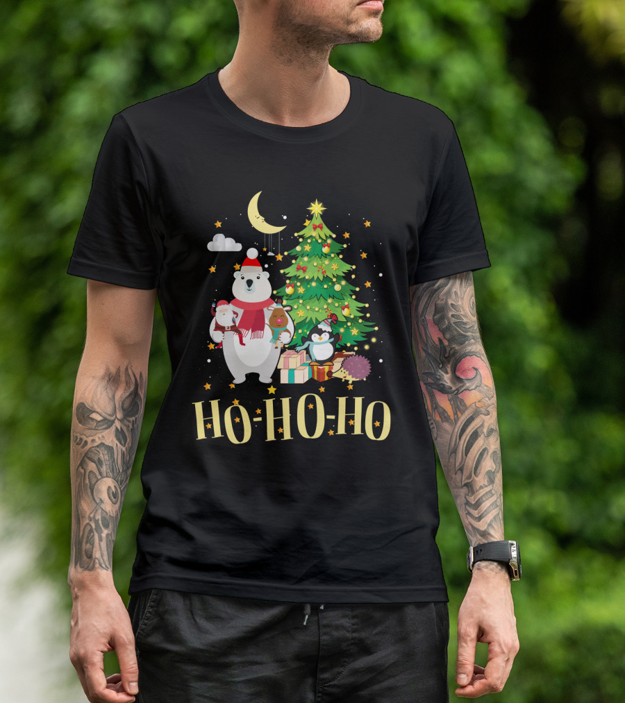 HO HO HO Christmas Dreams Polar Bear Santa Penguin Tree T-Shirt
