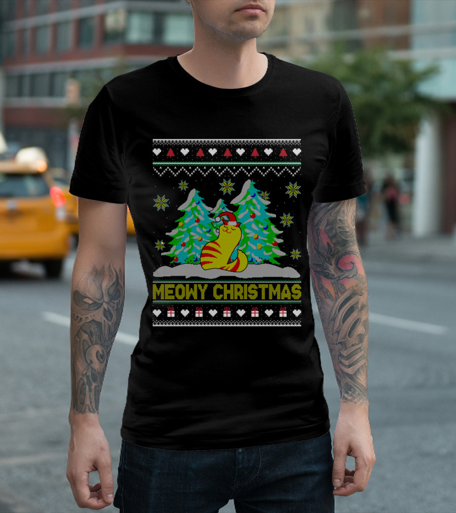 Meowy Christmas Cat Lover Ugly Christmas T-Shirt