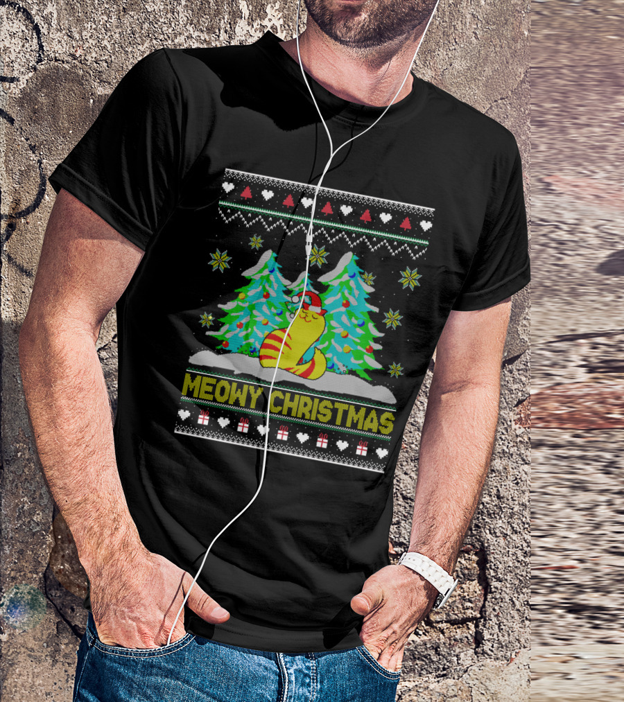 Meowy Christmas Cat Lover Ugly Christmas T-Shirt