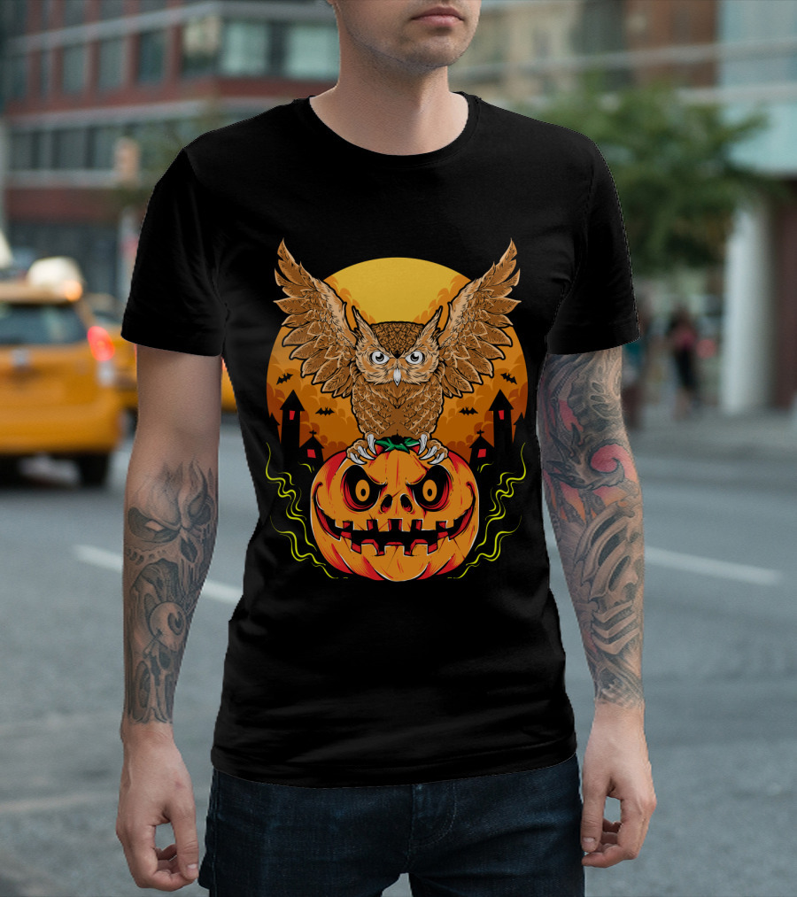 Owl Perched on Halloween Pumpkin with Haunted Houses and Bats T-Shirt