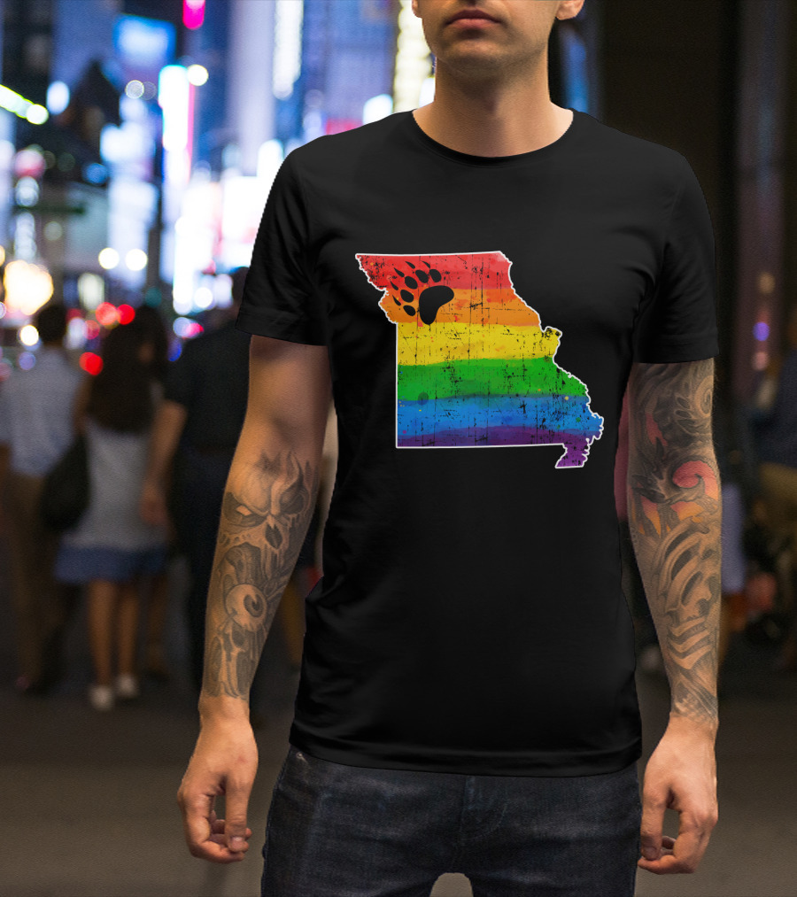 Missouri State Shape With Rainbow Bear Paw Pride Flag T-Shirt