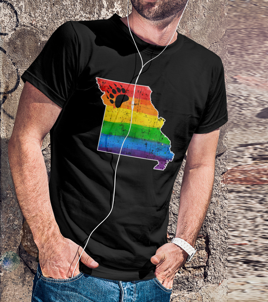 Missouri State Shape With Rainbow Bear Paw Pride Flag T-Shirt