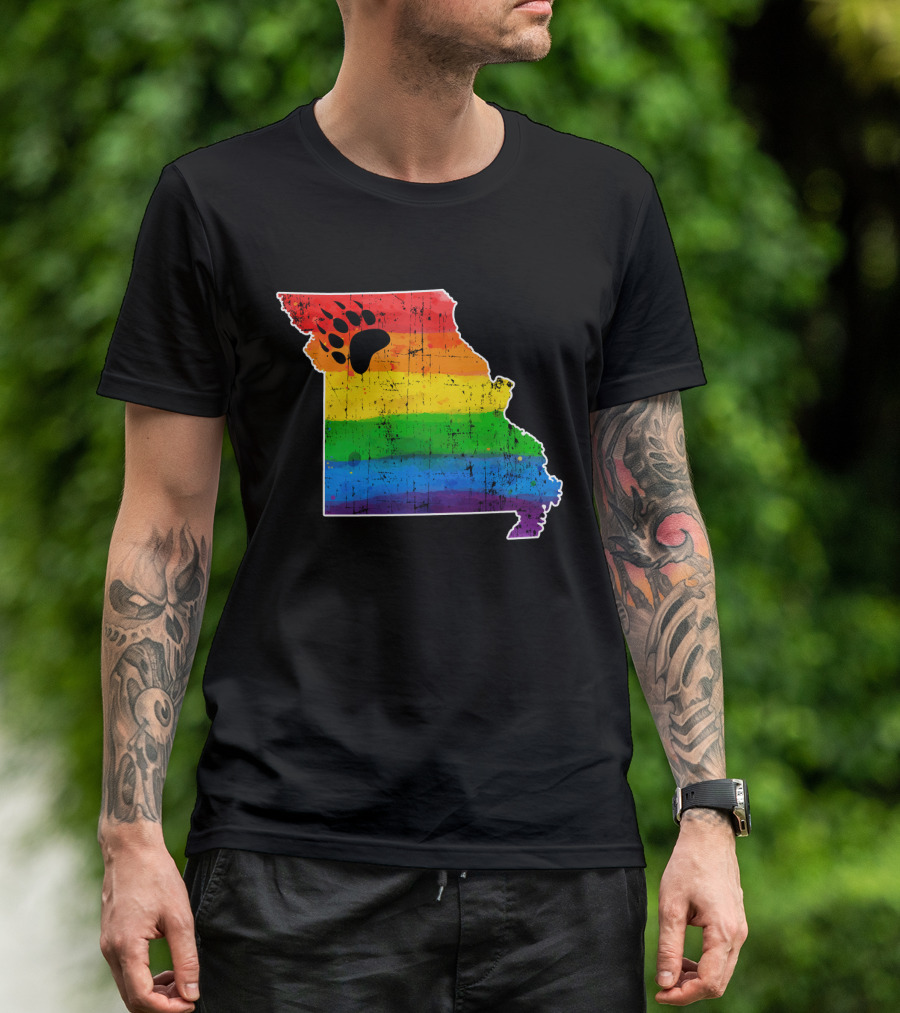 Missouri State Shape With Rainbow Bear Paw Pride Flag T-Shirt
