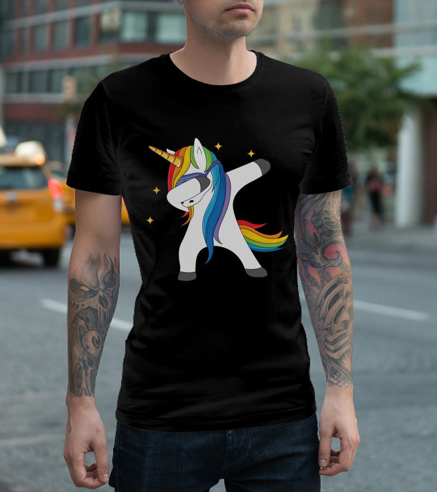 Unicorn Dabbing with Rainbow Mane and Stars T-Shirt
