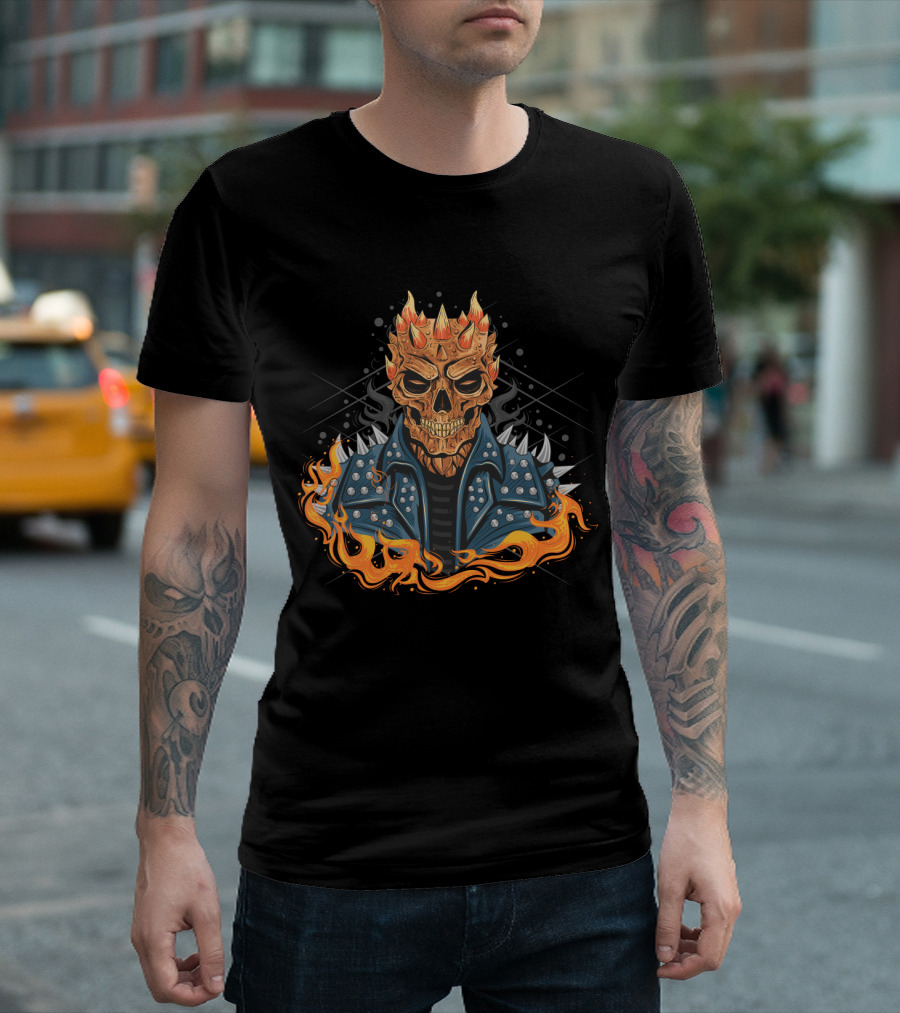 Skull Punk Head Fiery Jacket Flames Spikes T-Shirt