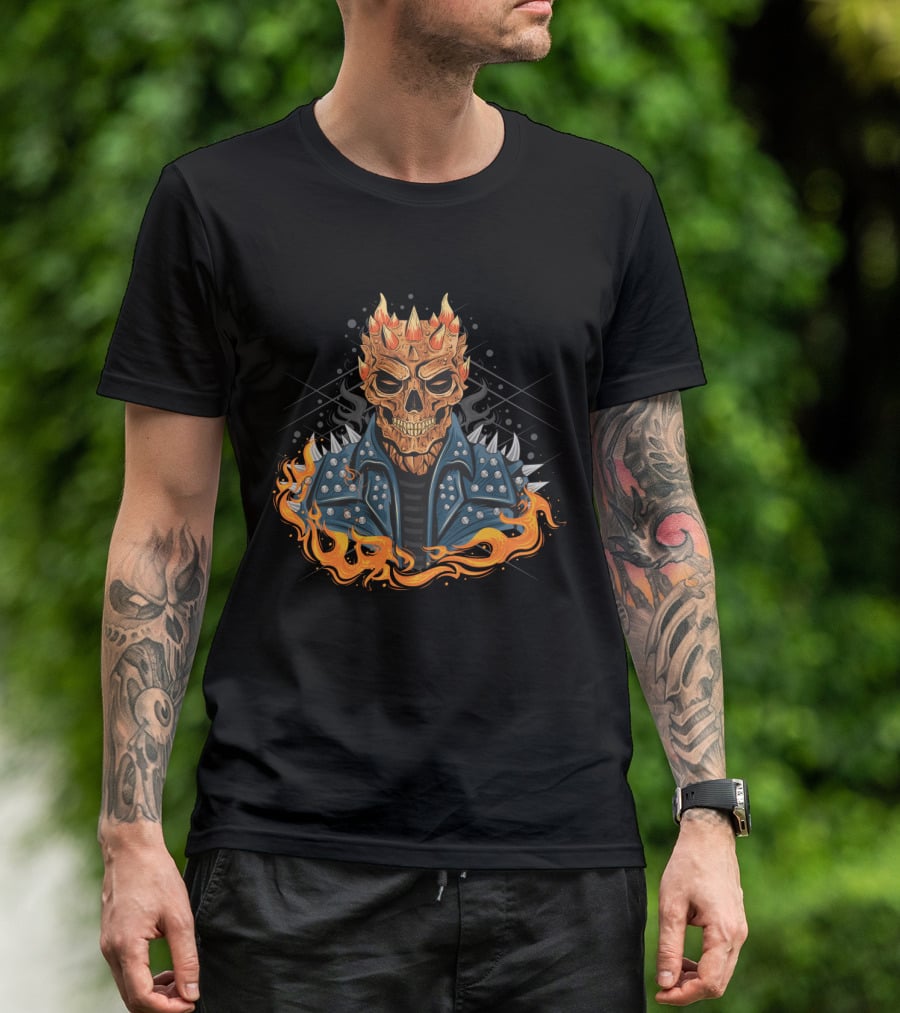 Skull Punk Head Fiery Jacket Flames Spikes T-Shirt