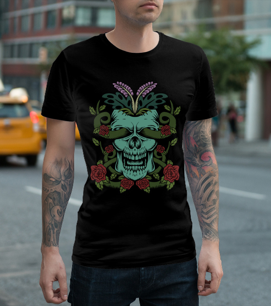 Skull Rose Floral Motif With Decorative Elements T-Shirt