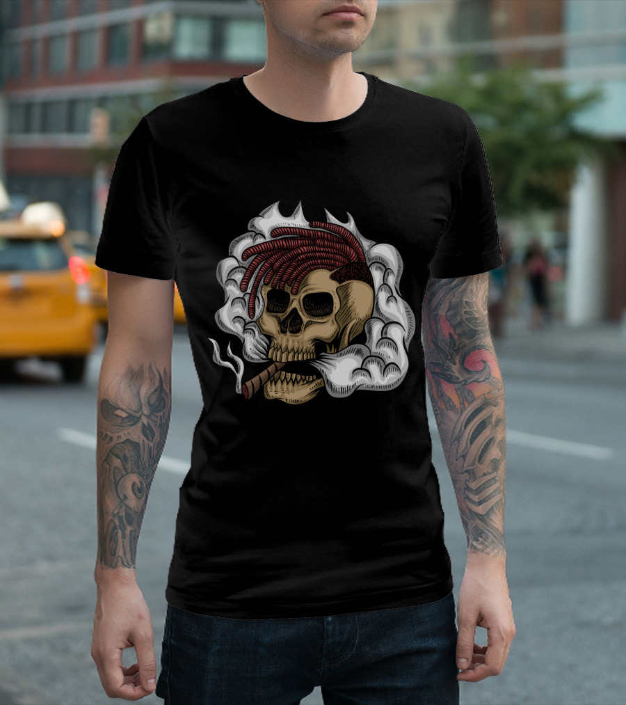 Skull Smoke Cigar with Red Braided Hair and White Smoke Plumes T-Shirt