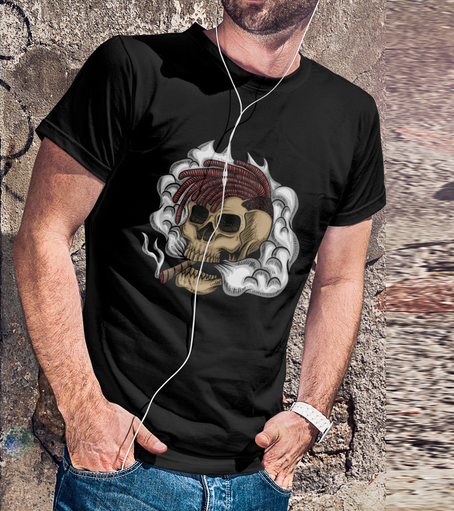 Skull Smoke Cigar With Red Braided Hair And White Smoke Plumes T-Shirt