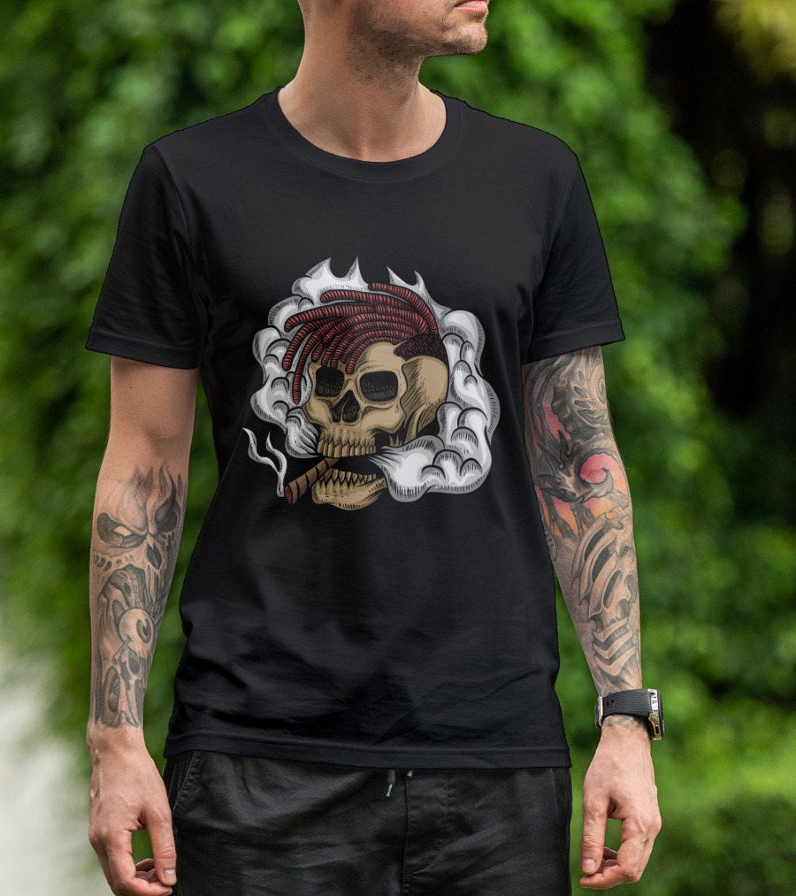 Skull Smoke Cigar With Red Braided Hair And White Smoke Plumes T-Shirt