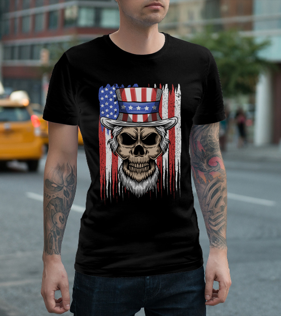Skull Uncle Sam American Flag Hat T-Shirt