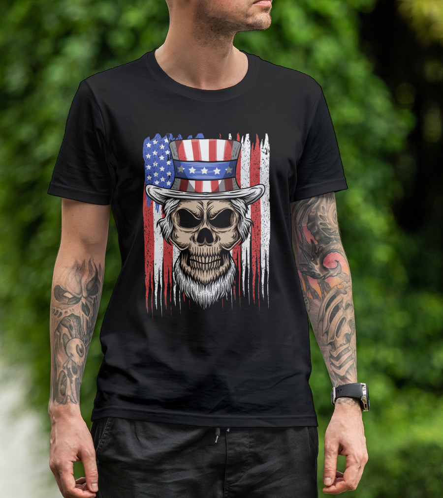 Skull Uncle Sam American Flag Hat T-Shirt