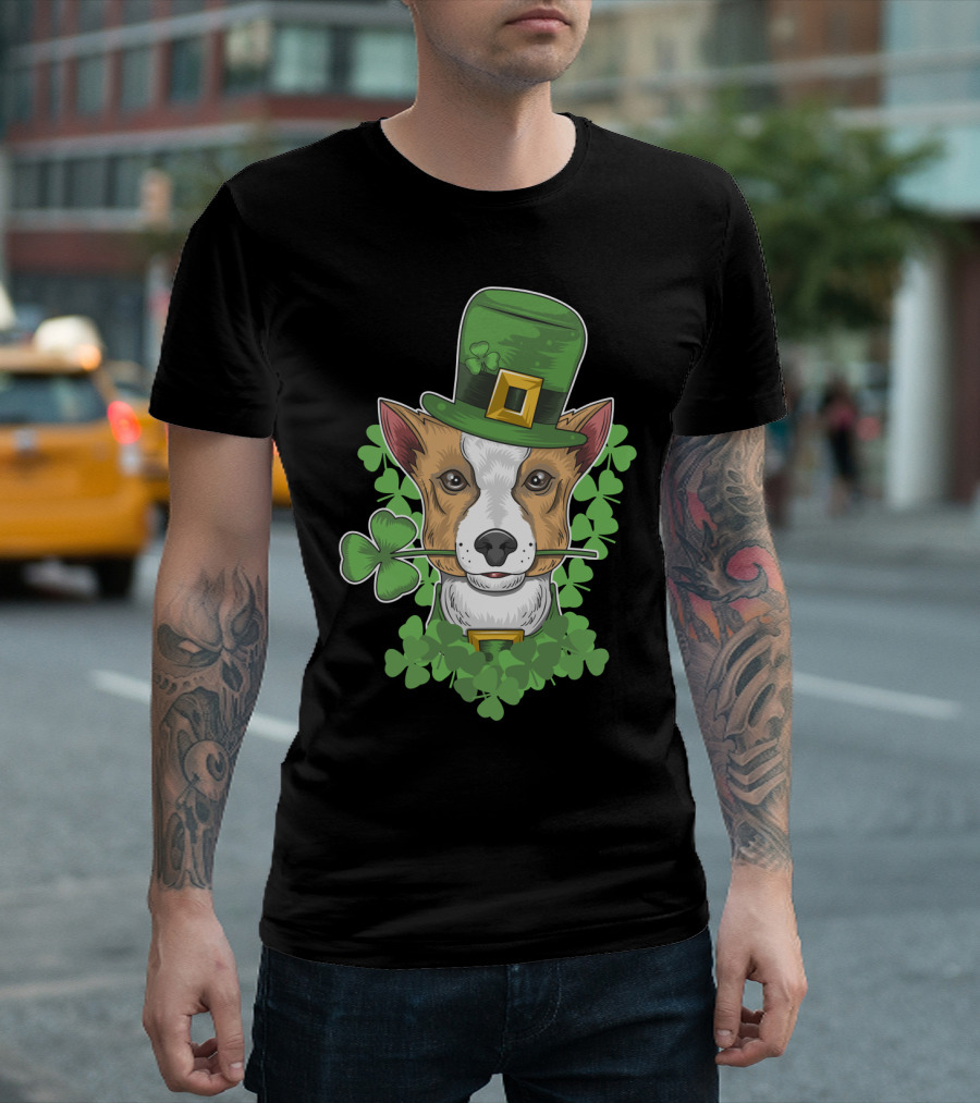 St Patrick Day Corgi with Shamrock and Leprechaun Hat T-Shirt