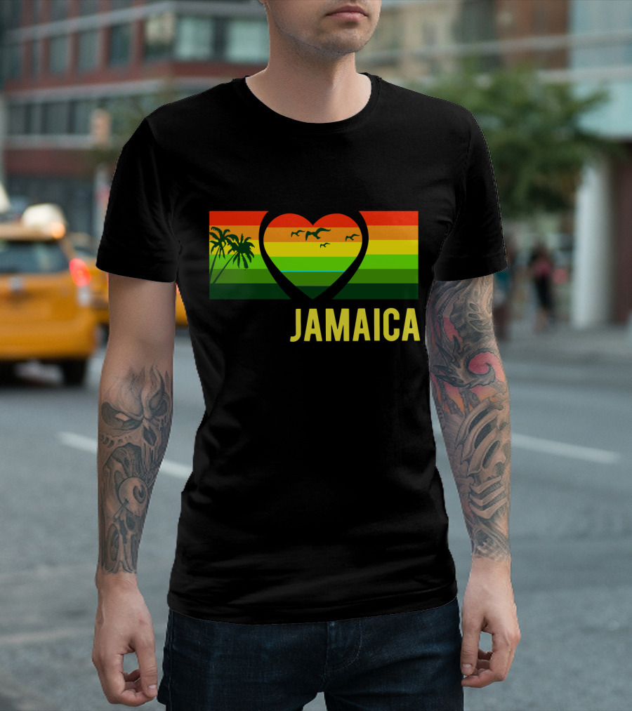 Jamaica Heart Rasta Reggae Sunset with Palm Trees and Birds T-Shirt