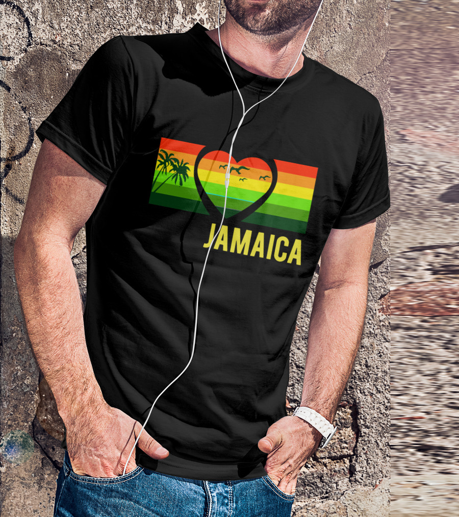 Jamaica Heart Rasta Reggae Sunset With Palm Trees And Birds T-Shirt
