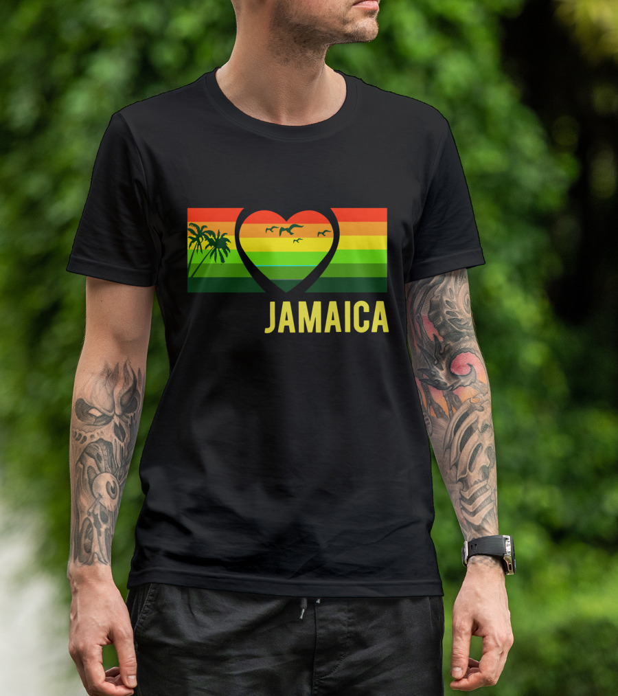 Jamaica Heart Rasta Reggae Sunset With Palm Trees And Birds T-Shirt