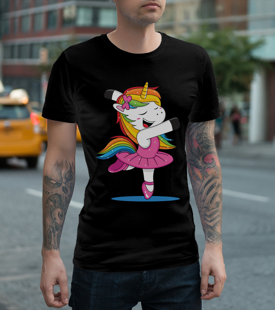 Unicorn Ballet Rainbow Dancer with Pink Tutu and Flower Bow T-Shirt