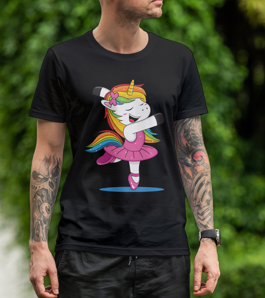 Unicorn Ballet Rainbow Dancer With Pink Tutu And Flower Bow T-Shirt
