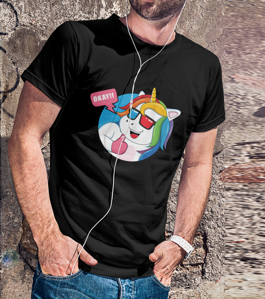 OKAY Unicorn Expression Rainbow Sunglasses Thumbs Up T-Shirt
