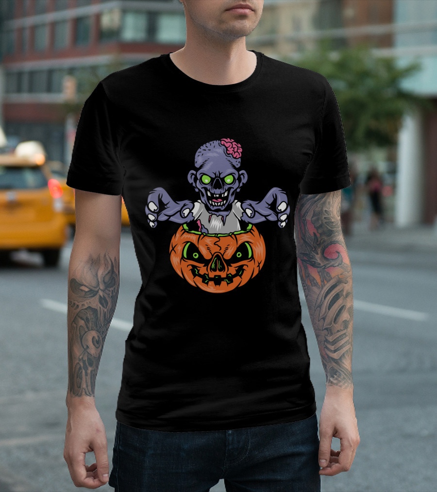 Zombie in Pumpkin with Glowing Eyes and Brain T-Shirt