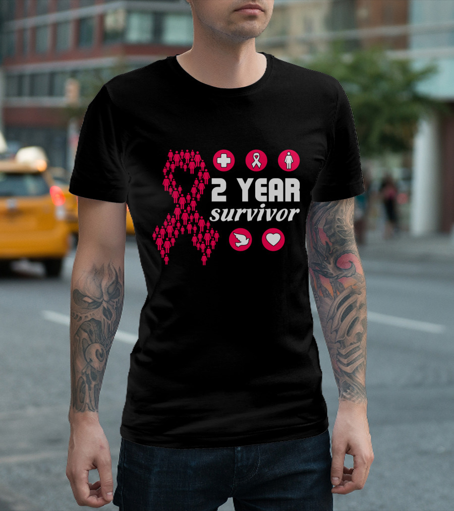 2 Year Survivor Pink Ribbon Breast Cancer Awareness Icons T-Shirt