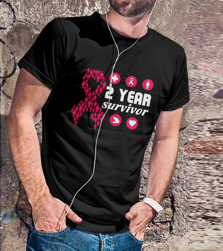2 Year Survivor Pink Ribbon Breast Cancer Awareness Icons T-Shirt