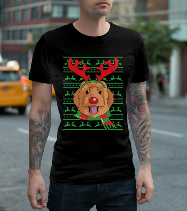 Golden Doodle Reindeer Christmas Scarf And Antlers T-Shirt