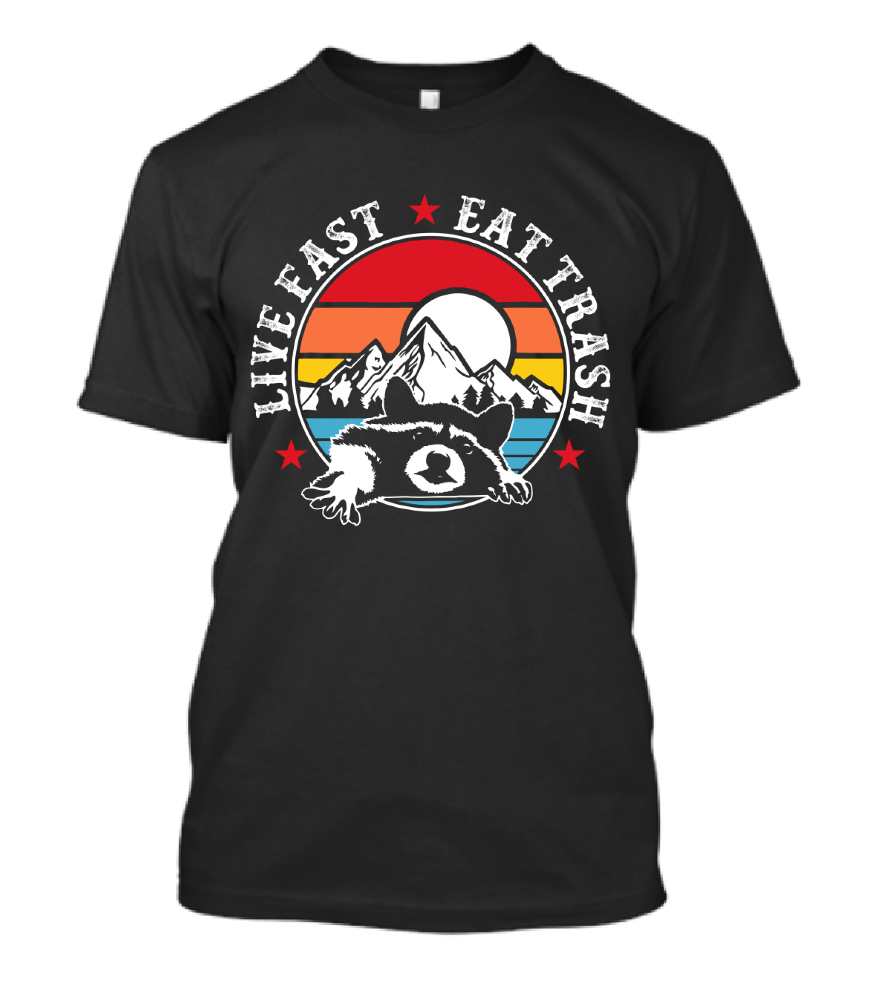 Live Fast Eat Trash Funny Raccoon Mountains Camping Retro Sunset T-Shirt