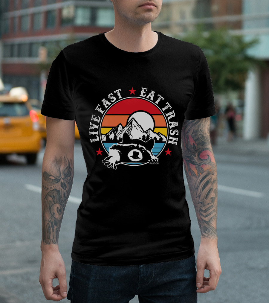 Live Fast Eat Trash Funny Raccoon Mountains Camping Retro Sunset T-Shirt