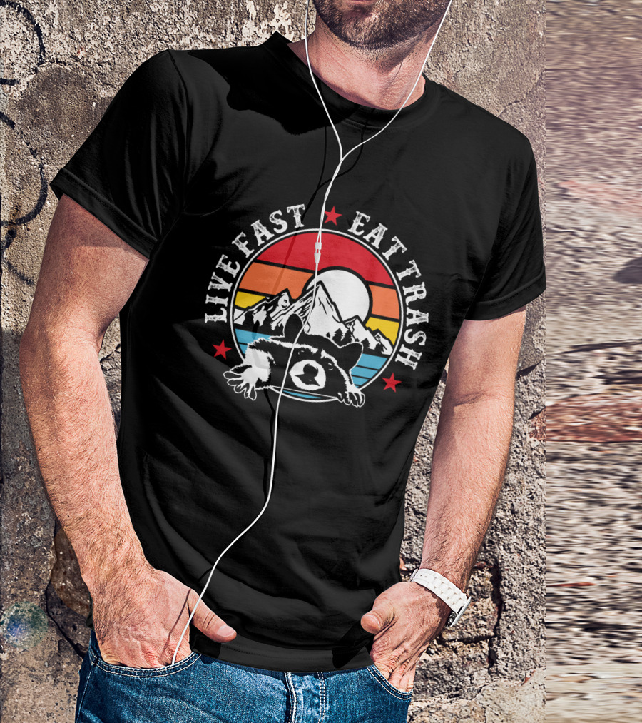 Live Fast Eat Trash Funny Raccoon Mountains Camping Retro Sunset T-Shirt