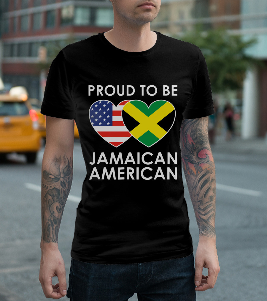Proud to Be Jamaican American USA Flag Jamaican Flag Hearts T-Shirt