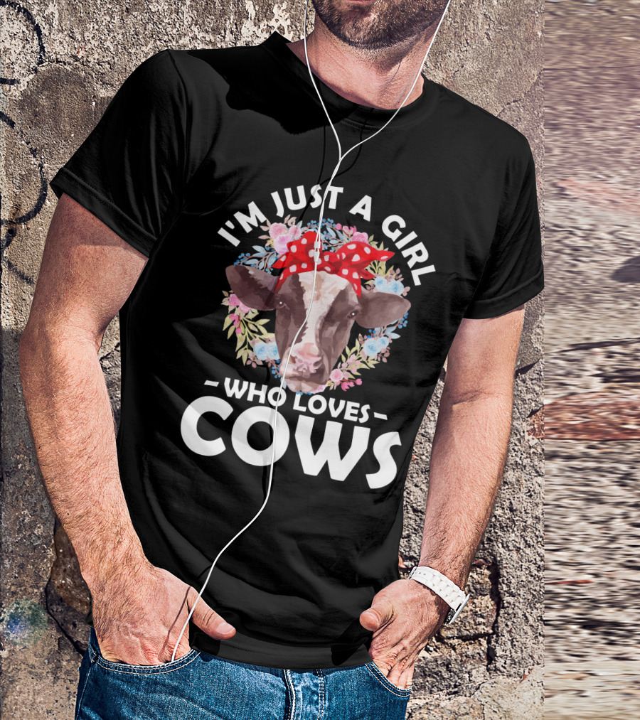 I'm Just A Girl Who Loves Cows Floral Pattern Cow Head With Red Polka Dot Bow T-Shirt
