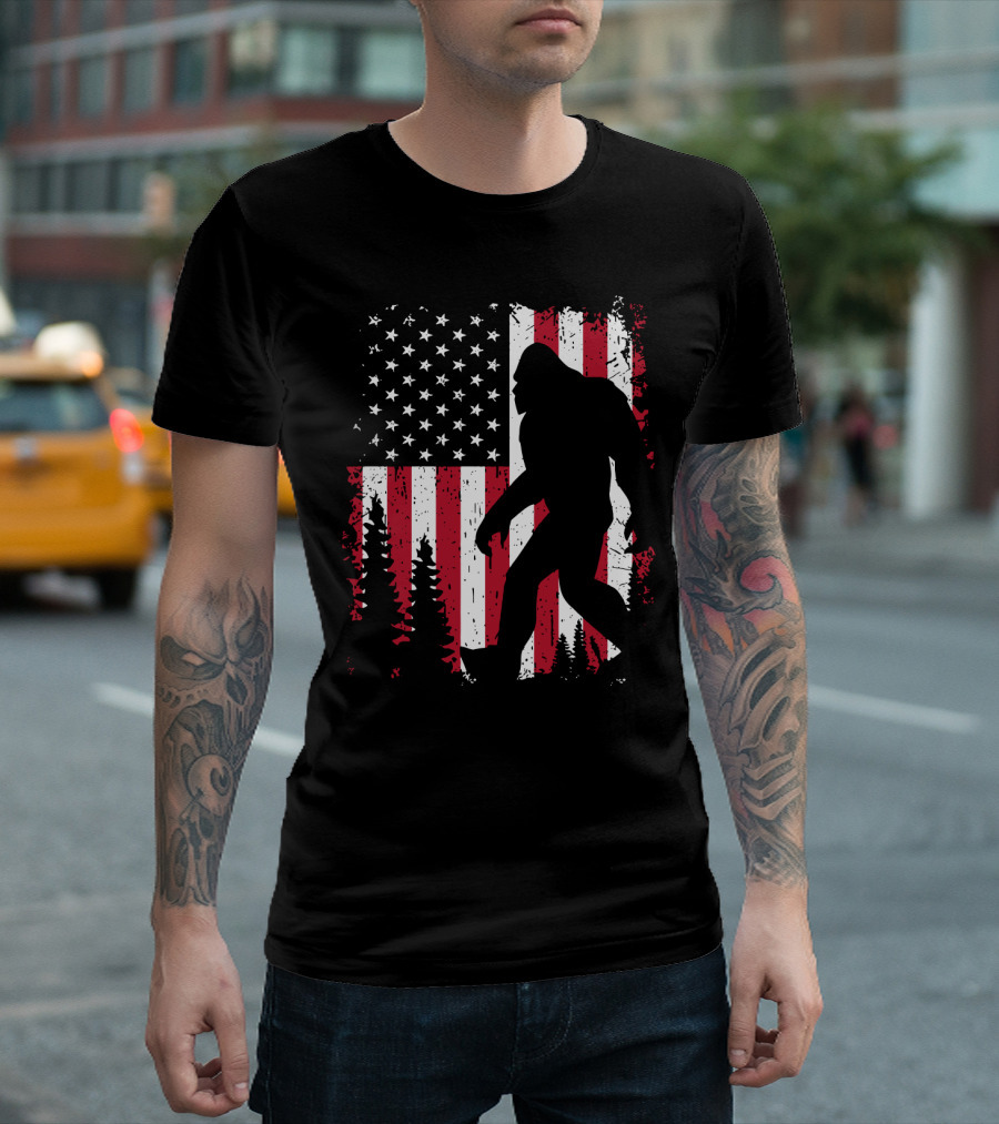 Bigfoot Walking Across American Flag With Forest T-Shirt