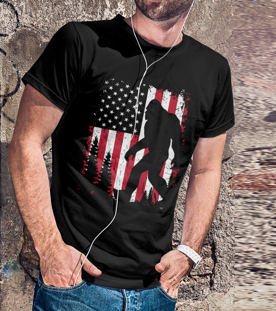 Bigfoot Walking Across American Flag With Forest T-Shirt
