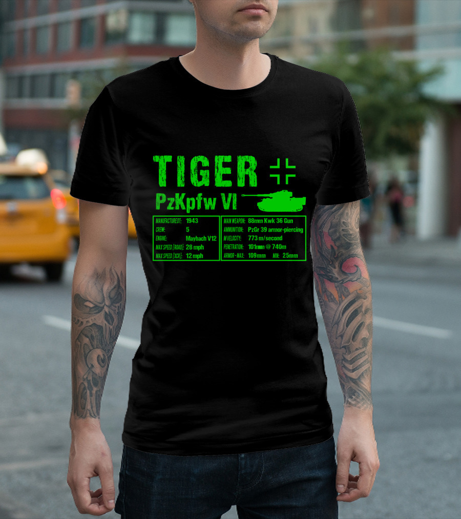 Tiger PzKpfw VI 1943 German Heavy Tank Specs With 88mm KwK 36 Gun T-Shirt