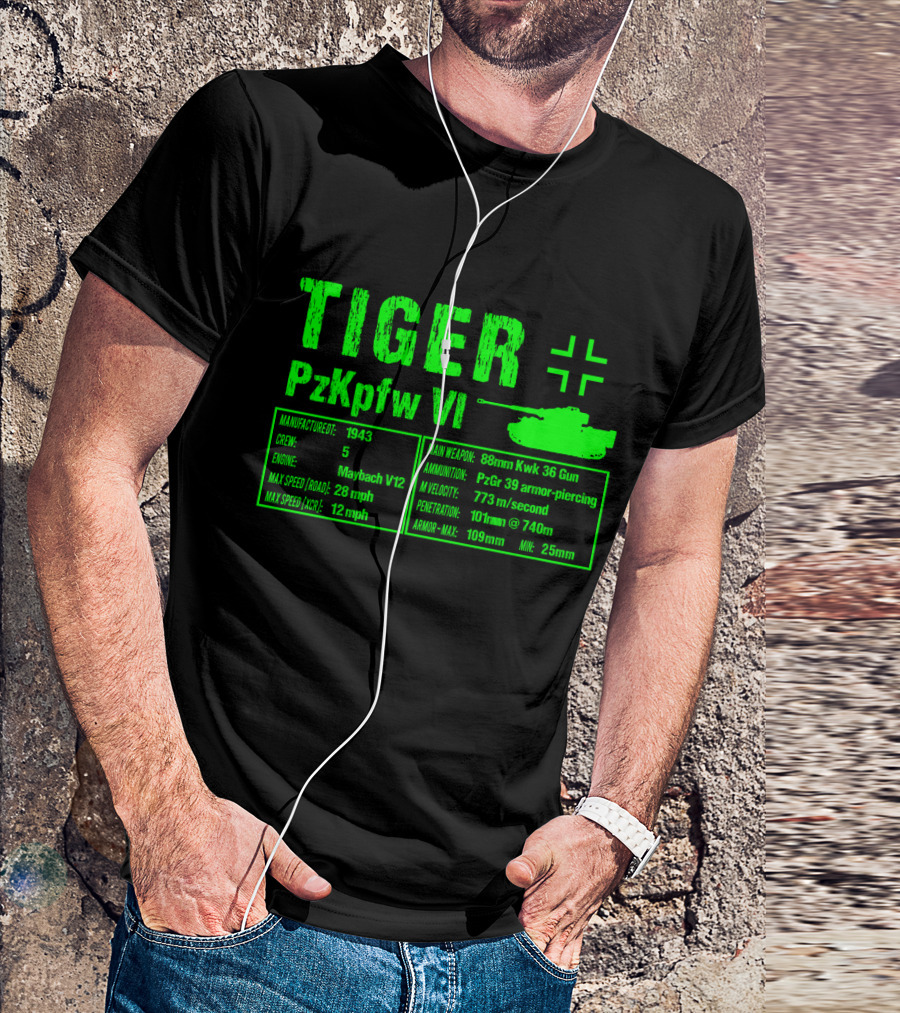Tiger PzKpfw VI 1943 German Heavy Tank Specs With 88mm KwK 36 Gun T-Shirt