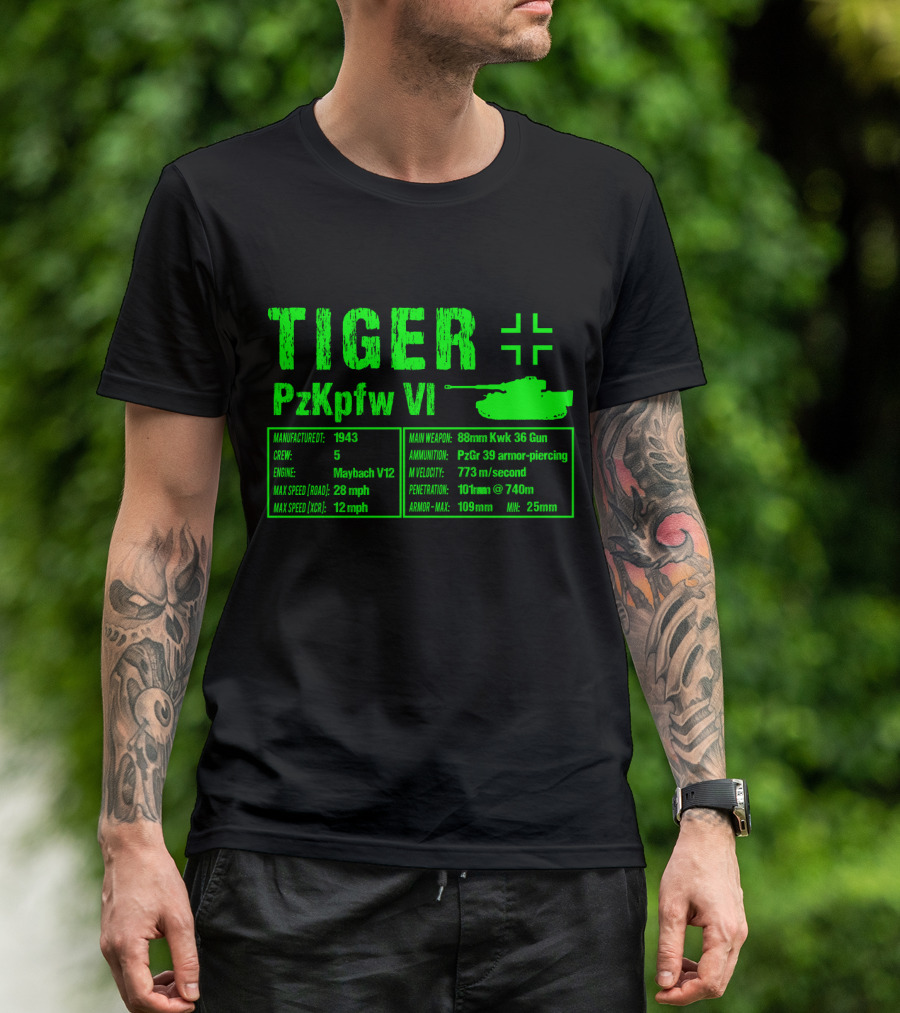 Tiger PzKpfw VI 1943 German Heavy Tank Specs With 88mm KwK 36 Gun T-Shirt
