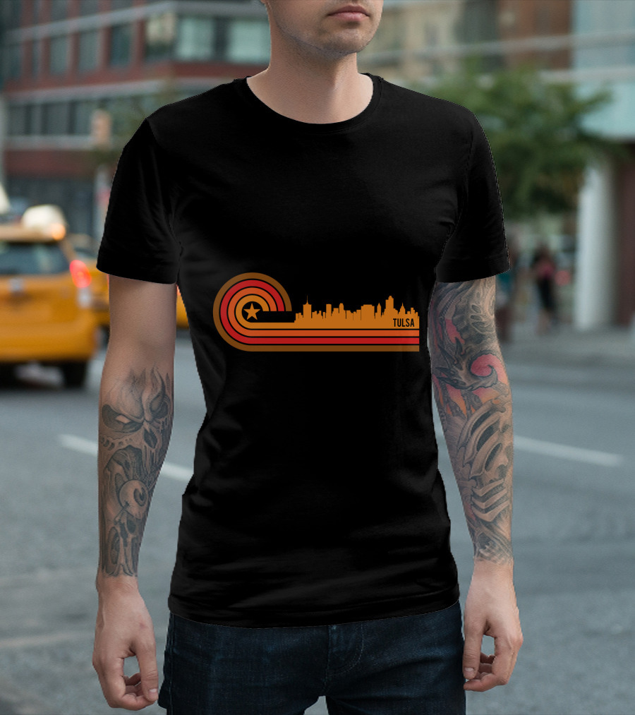 Retro Tulsa OK Skyline With Star And Sunset Stripes T-Shirt