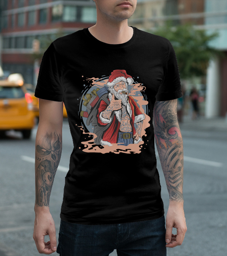 Christmas Santa Claus Smoking Tattooed Holiday Thumbs Up T-Shirt