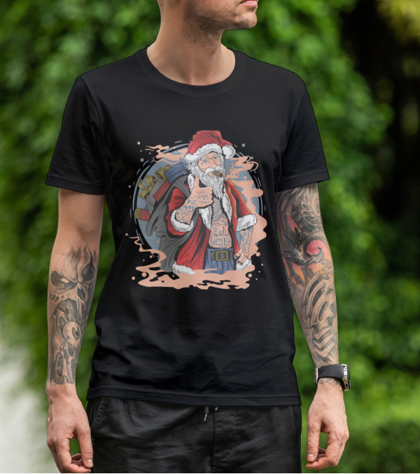 Christmas Santa Claus Smoking Tattooed Holiday Thumbs Up T-Shirt