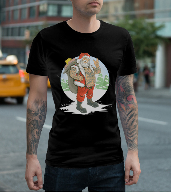 Christmas Santa Claus With Full Body Tattoo And Rock Hand Gesture T-Shirt