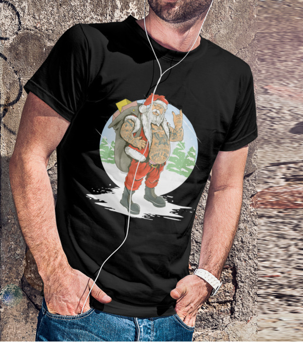 Christmas Santa Claus With Full Body Tattoo And Rock Hand Gesture T-Shirt