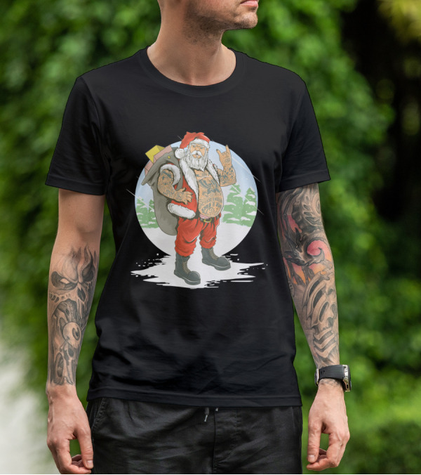 Christmas Santa Claus With Full Body Tattoo And Rock Hand Gesture T-Shirt