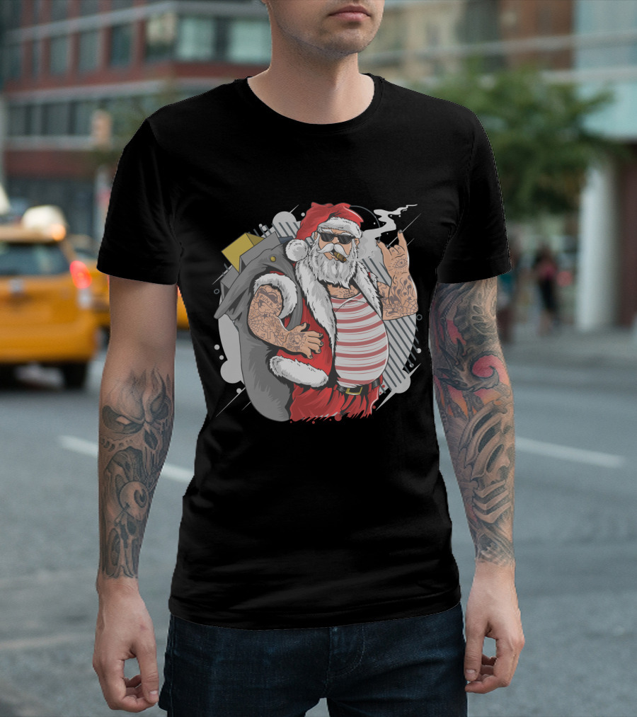 Santa Claus Merry Christmas Tattoo Rock Hand Illustrated T-Shirt