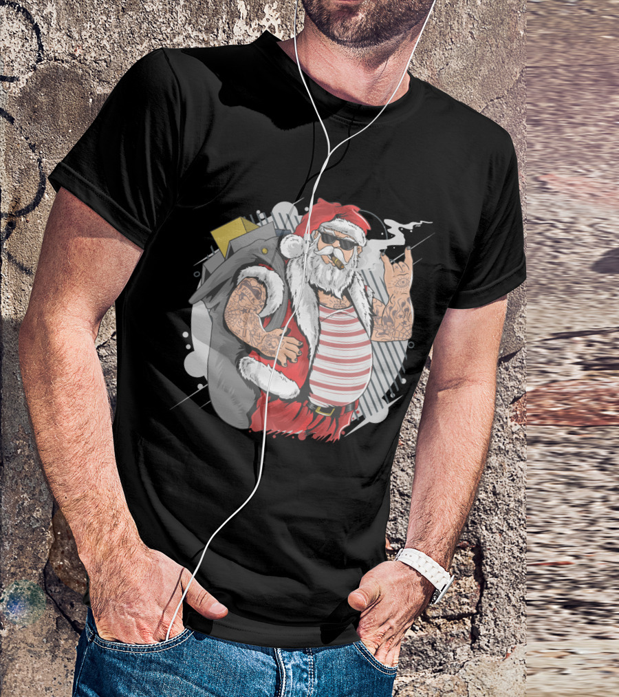 Santa Claus Merry Christmas Tattoo Rock Hand Illustrated T-Shirt