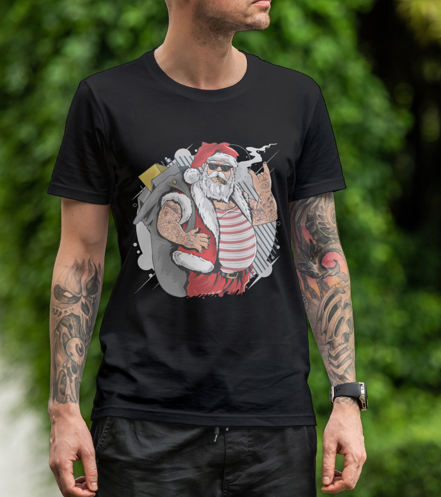 Santa Claus Merry Christmas Tattoo Rock Hand Illustrated T-Shirt