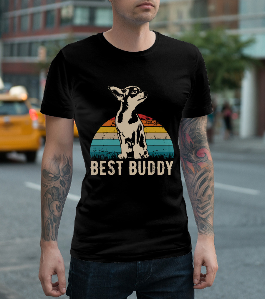Retro Best Buddy Chihuahua with Vintage Sunset Stripes T-Shirt